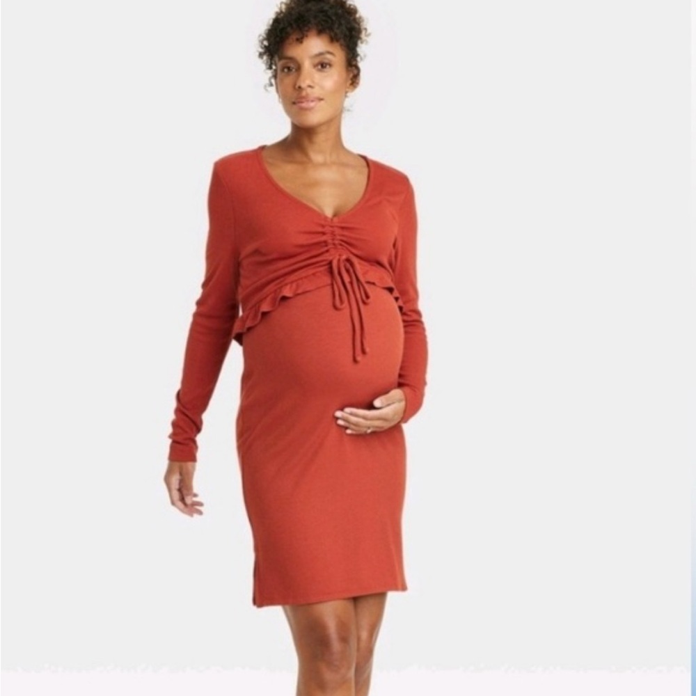 Red Ruched Wrap Long Sleeve Dress
